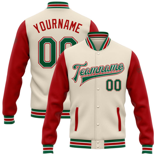 Custom Cream Kelly Green-Red Bomber Full-Snap Varsity Letterman Two Tone Jacket - Main View