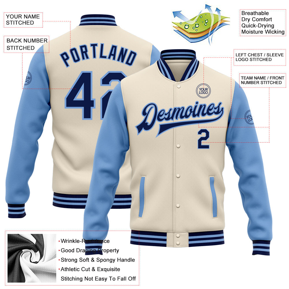 Custom Cream Navy-Light Blue Bomber Full-Snap Varsity Letterman Two Tone Jacket view 5