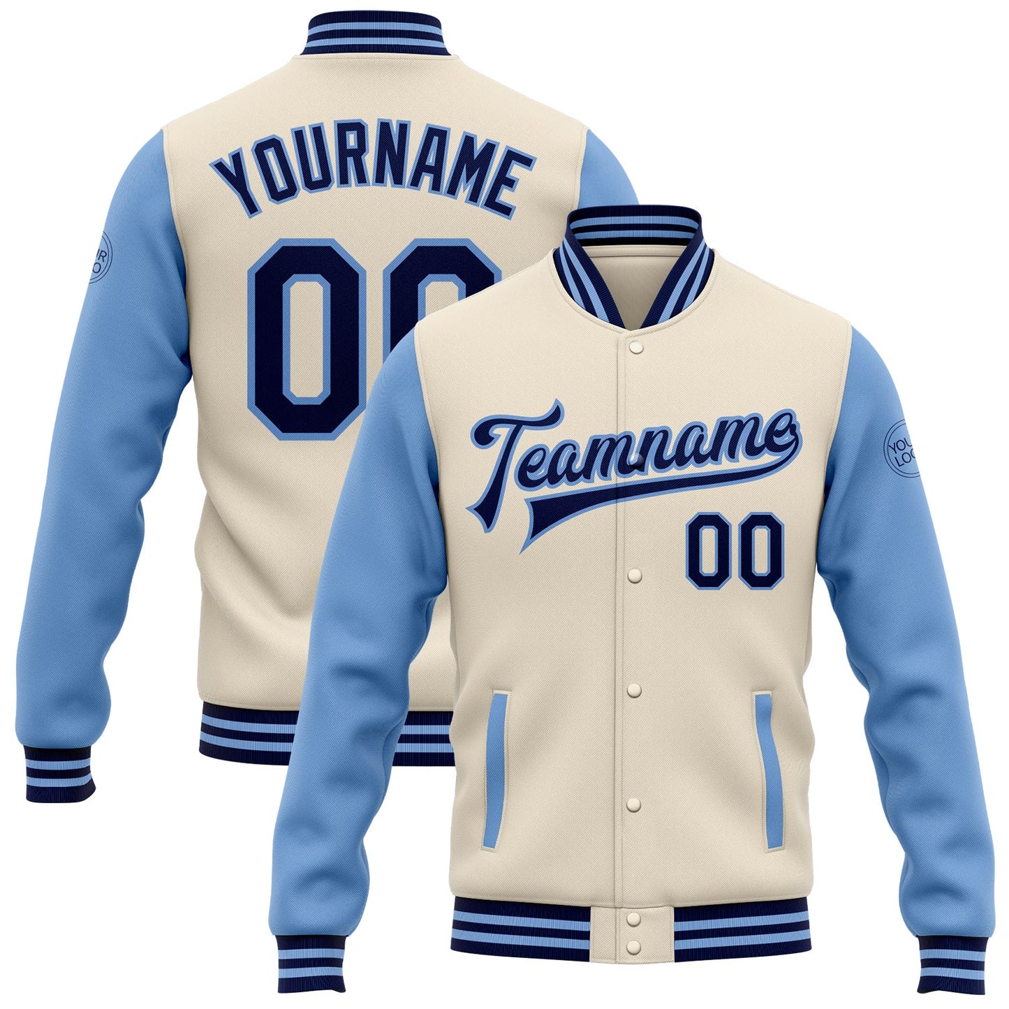 Custom Cream Navy-Light Blue Bomber Full-Snap Varsity Letterman Two Tone Jacket - Main View