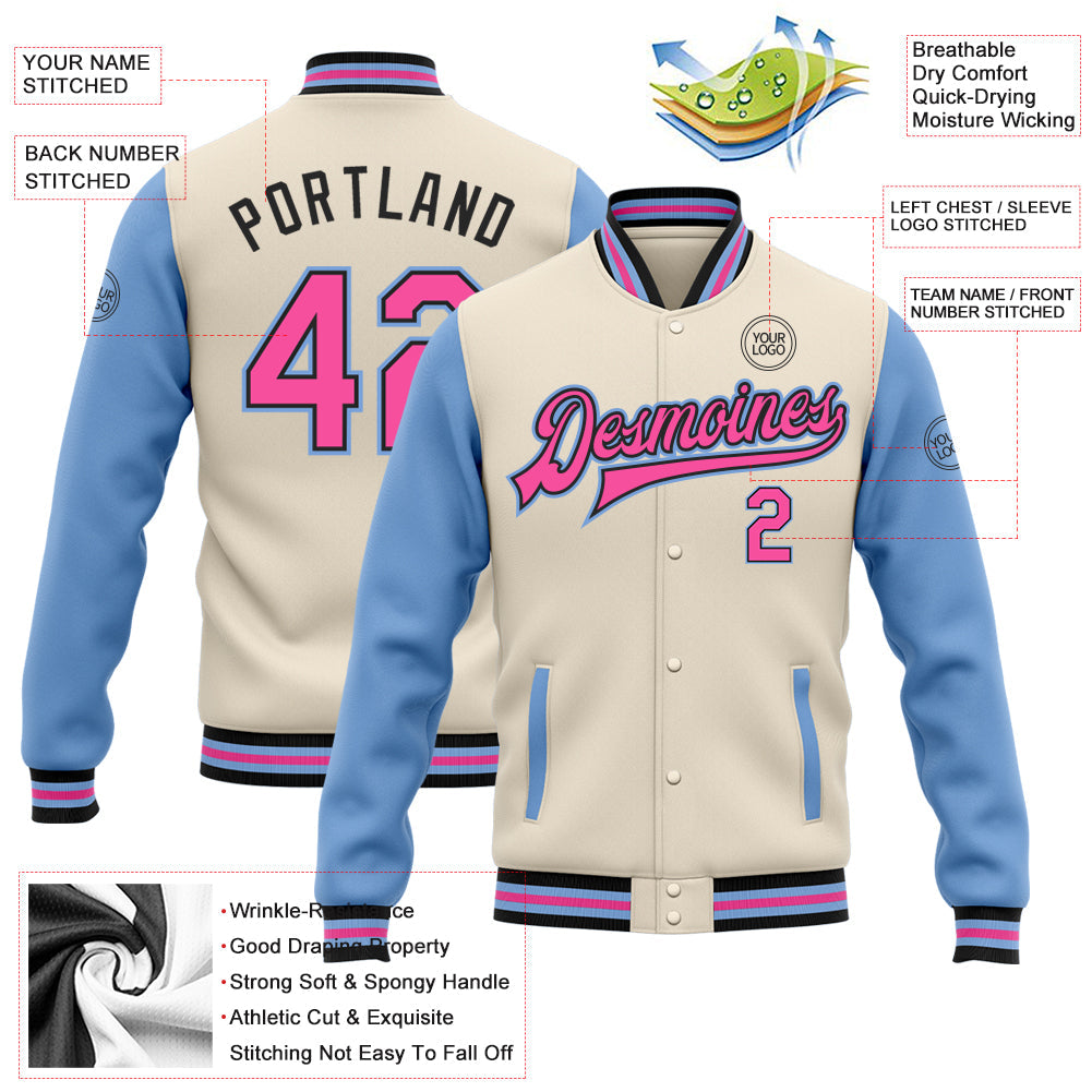 Custom Cream Pink Black-Light Blue Bomber Full-Snap Varsity Letterman Two Tone Jacket view 5
