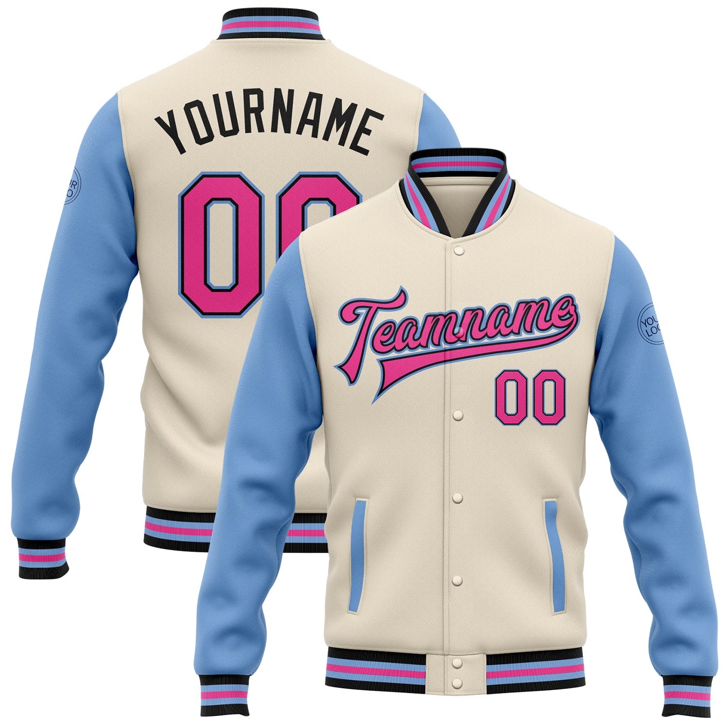 Custom Cream Pink Black-Light Blue Bomber Full-Snap Varsity Letterman Two Tone Jacket - Main View