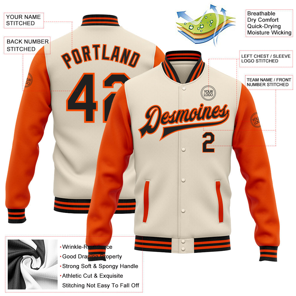 Custom Cream Black-Orange Bomber Full-Snap Varsity Letterman Two Tone Jacket view 5