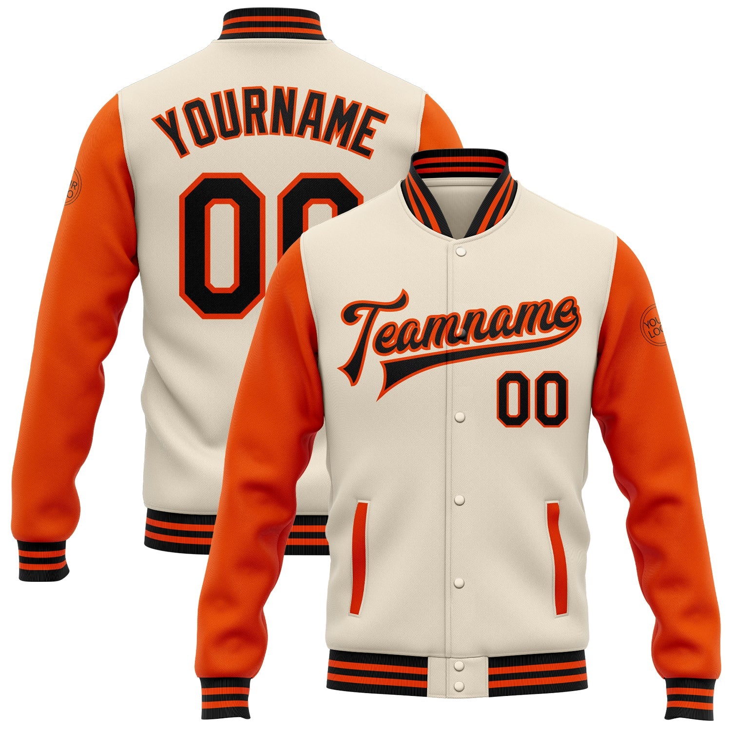 Custom Cream Black-Orange Bomber Full-Snap Varsity Letterman Two Tone Jacket - Main View
