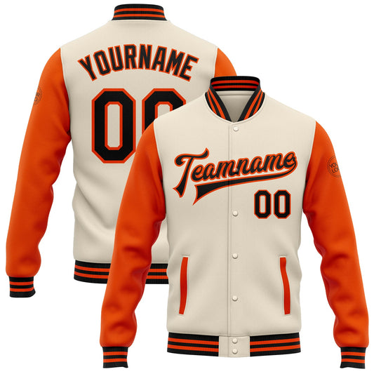 Custom Cream Black-Orange Bomber Full-Snap Varsity Letterman Two Tone Jacket - Main View