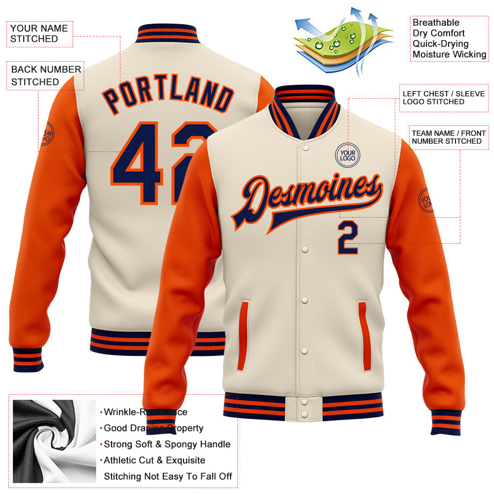 Custom Cream Navy-Orange Bomber Full-Snap Varsity Letterman Two Tone Jacket view 5