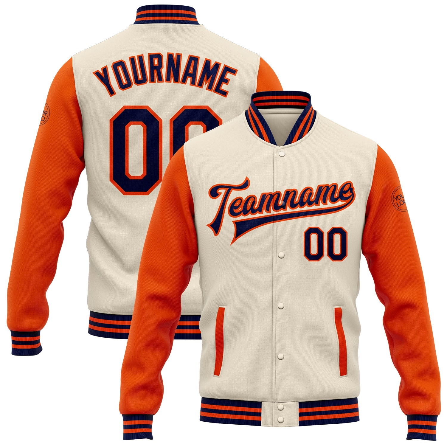 Custom Cream Navy-Orange Bomber Full-Snap Varsity Letterman Two Tone Jacket - Main View