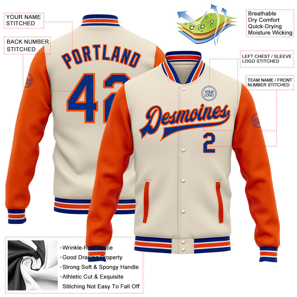 Custom Cream Royal-Orange Bomber Full-Snap Varsity Letterman Two Tone Jacket view 5