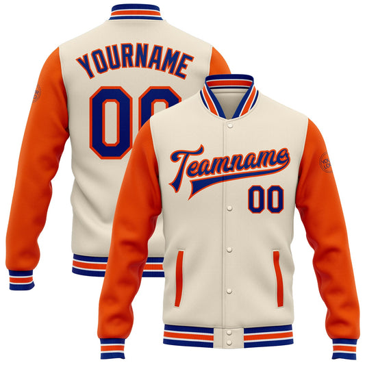 Custom Cream Royal-Orange Bomber Full-Snap Varsity Letterman Two Tone Jacket - Main View