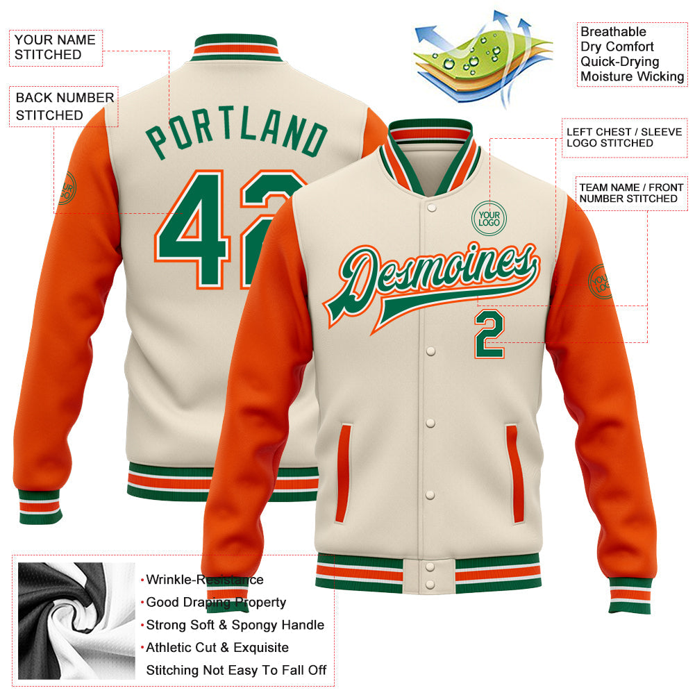 Custom Cream Kelly Green-Orange Bomber Full-Snap Varsity Letterman Two Tone Jacket view 5