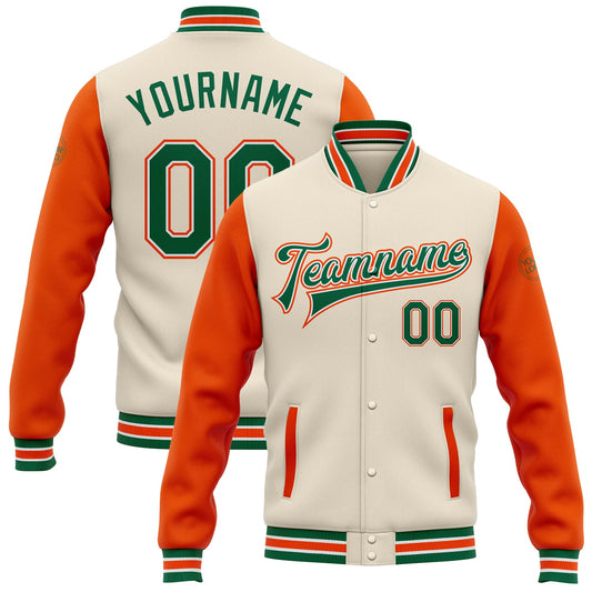 Custom Cream Kelly Green-Orange Bomber Full-Snap Varsity Letterman Two Tone Jacket - Main View