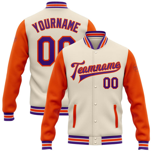 Custom Cream Purple-Orange Bomber Full-Snap Varsity Letterman Two Tone Jacket - Main View