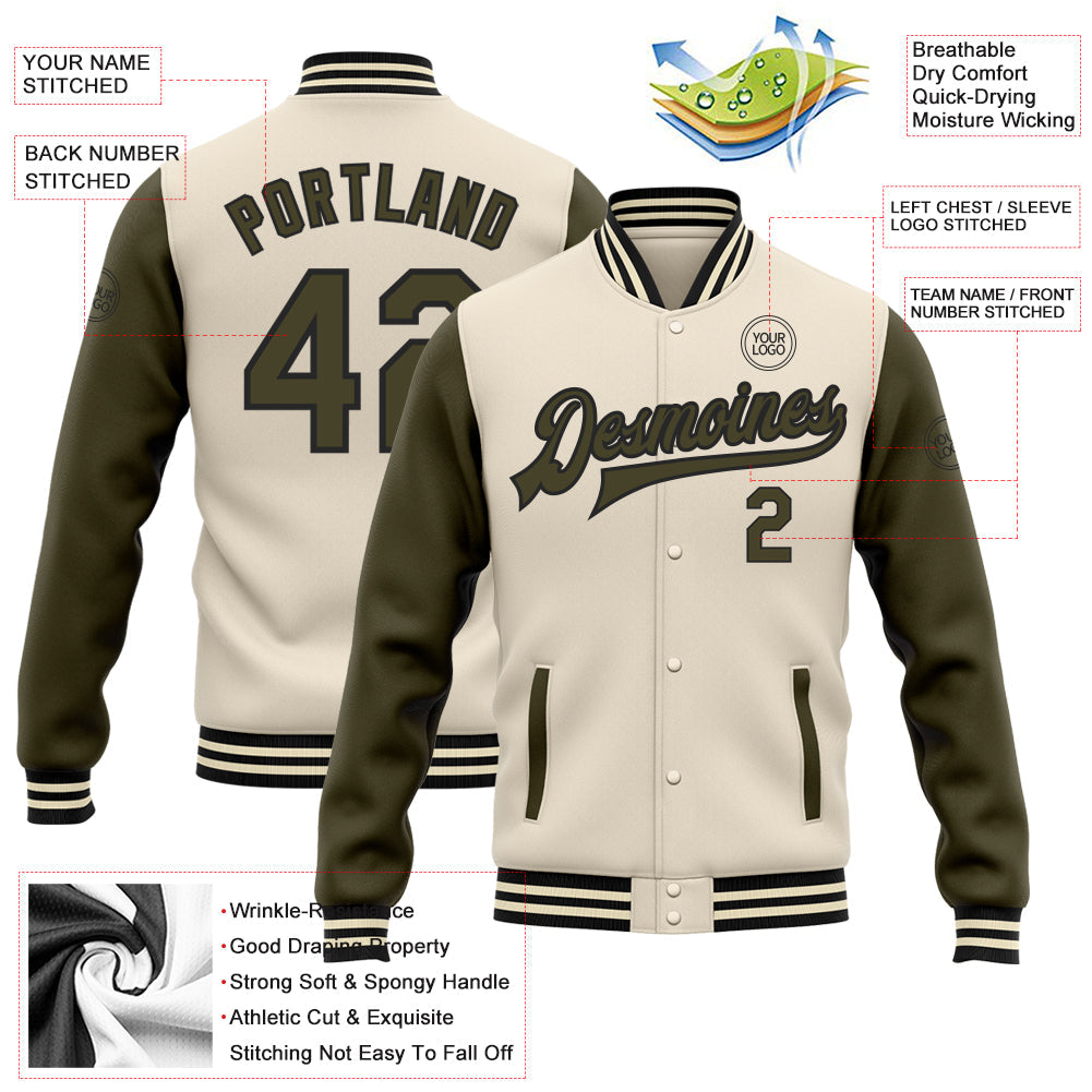 Custom Cream Olive-Black Bomber Full-Snap Varsity Letterman Two Tone Jacket view 5