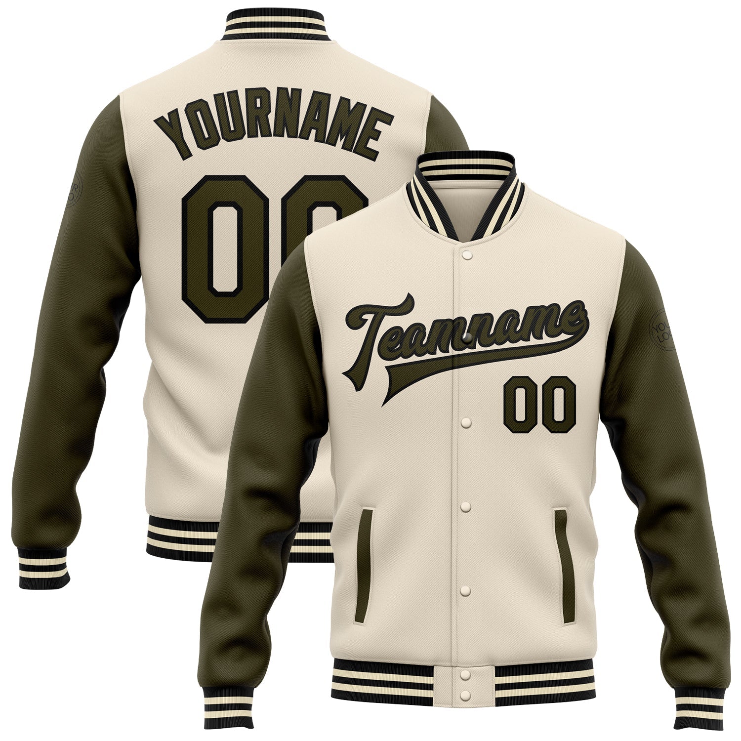 Custom Cream Olive-Black Bomber Full-Snap Varsity Letterman Two Tone Jacket - Main View