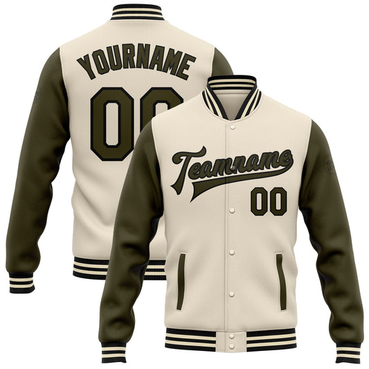 Custom Cream Olive-Black Bomber Full-Snap Varsity Letterman Two Tone Jacket - Main View