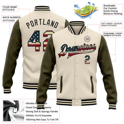 Custom Cream Vintage USA Flag Olive-Black Bomber Full-Snap Varsity Letterman Two Tone Jacket view 5