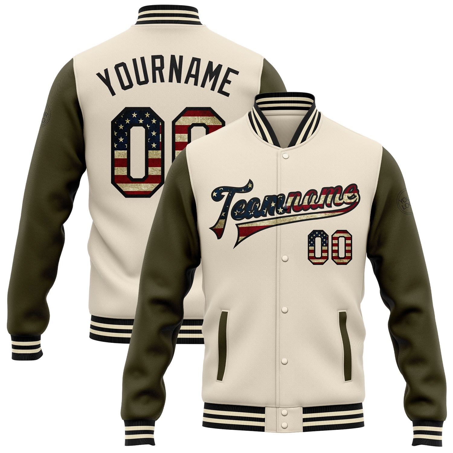 Custom Cream Vintage USA Flag Olive-Black Bomber Full-Snap Varsity Letterman Two Tone Jacket - Main View