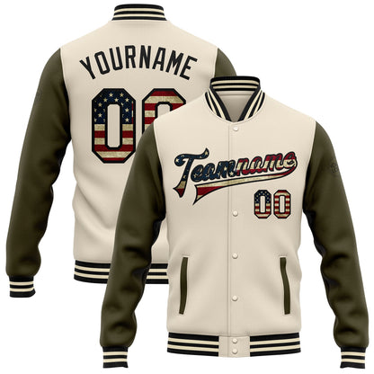 Custom Cream Vintage USA Flag Olive-Black Bomber Full-Snap Varsity Letterman Two Tone Jacket - Main View