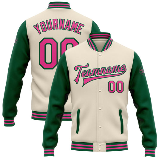 Custom Cream Pink-Kelly Green Bomber Full-Snap Varsity Letterman Two Tone Jacket - Main View