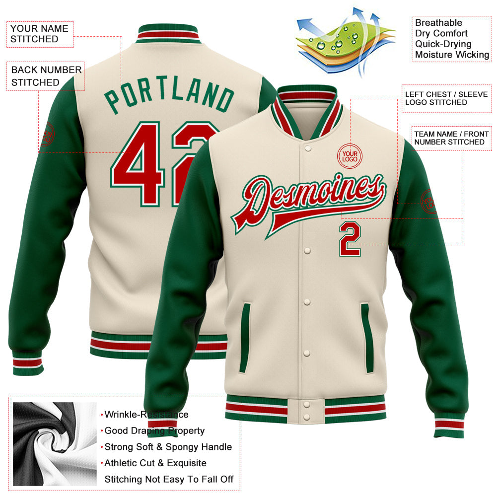 Custom Cream Red-Kelly Green Bomber Full-Snap Varsity Letterman Two Tone Jacket view 5