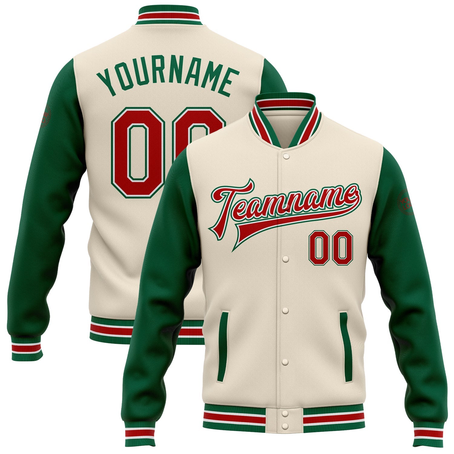 Custom Cream Red-Kelly Green Bomber Full-Snap Varsity Letterman Two Tone Jacket - Main View