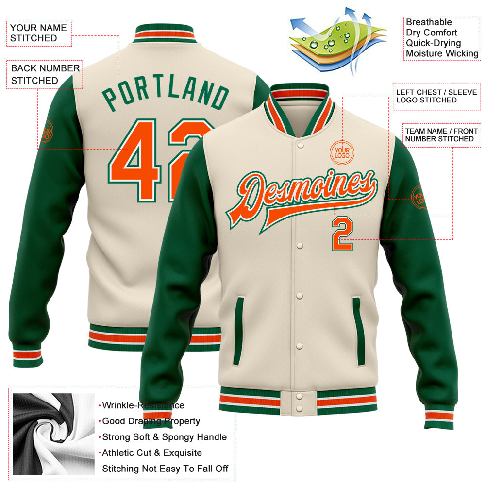 Custom Cream Orange-Kelly Green Bomber Full-Snap Varsity Letterman Two Tone Jacket view 5
