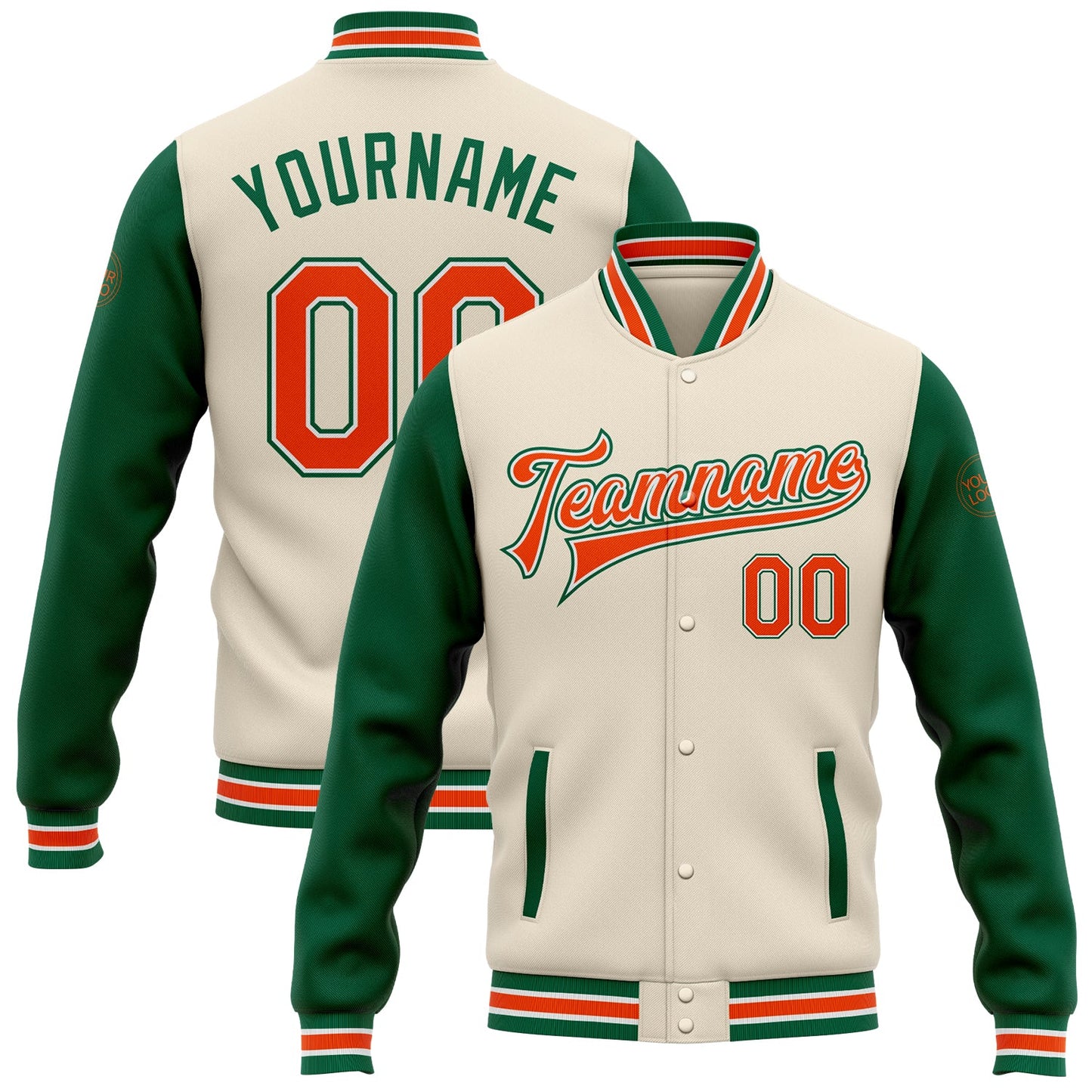 Custom Cream Orange-Kelly Green Bomber Full-Snap Varsity Letterman Two Tone Jacket - Main View