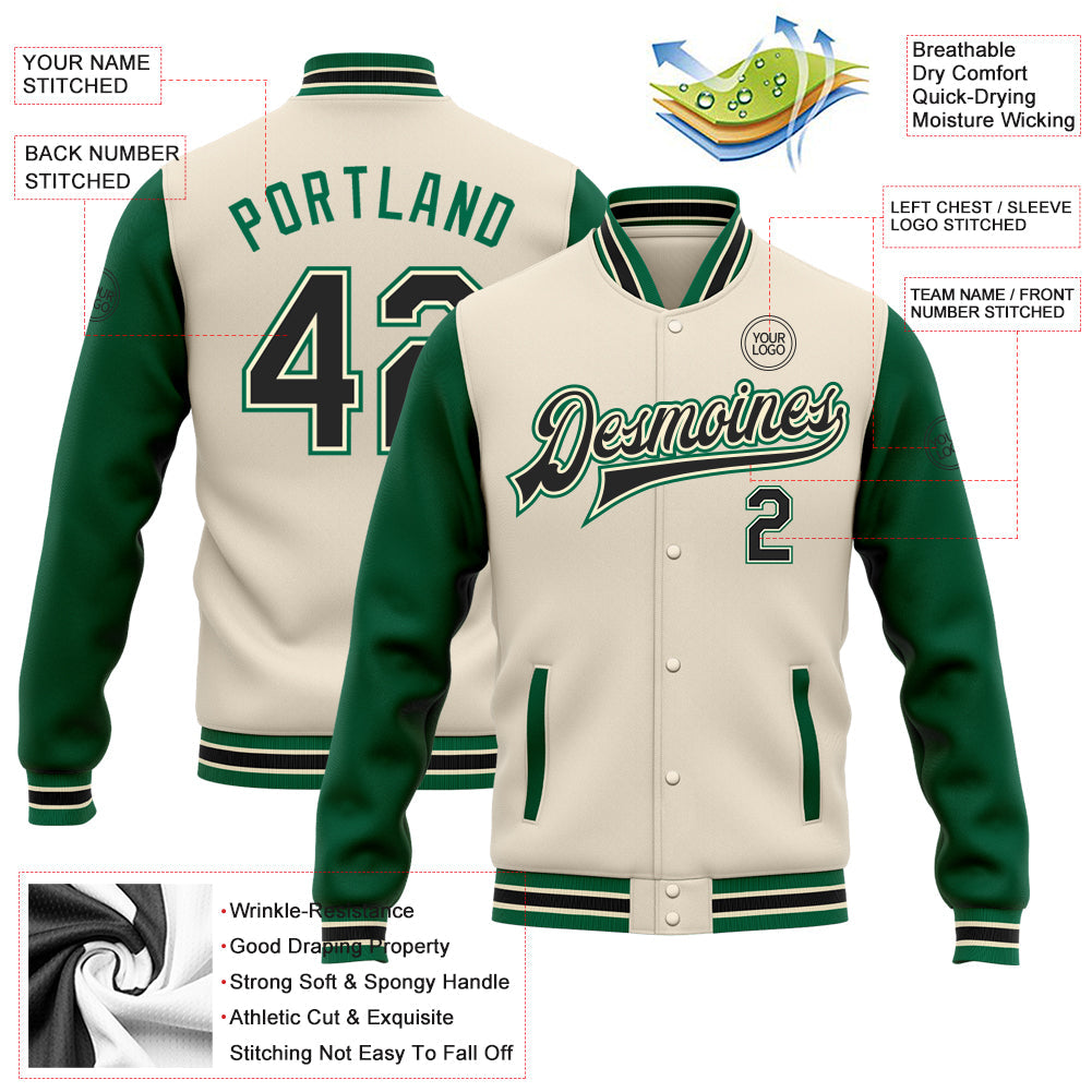 Custom Cream Black-Kelly Green Bomber Full-Snap Varsity Letterman Two Tone Jacket view 5