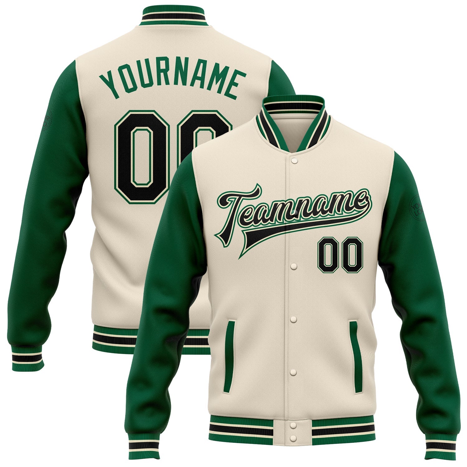 Custom Cream Black-Kelly Green Bomber Full-Snap Varsity Letterman Two Tone Jacket - Main View
