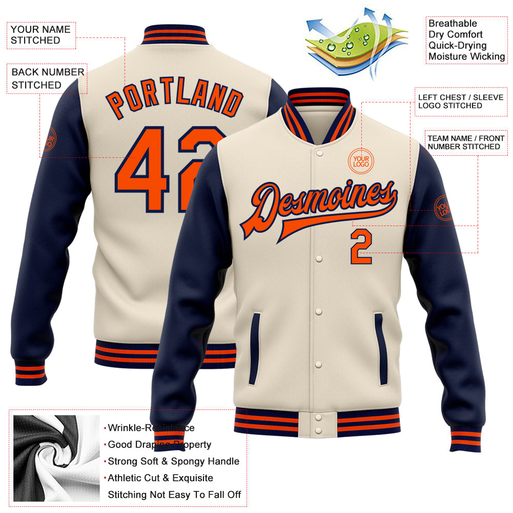 Custom Cream Orange-Navy Bomber Full-Snap Varsity Letterman Two Tone Jacket view 5