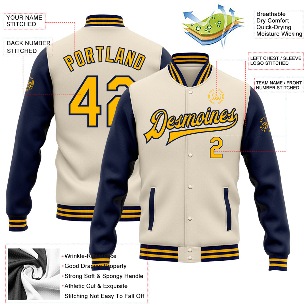 Custom Cream Gold-Navy Bomber Full-Snap Varsity Letterman Two Tone Jacket view 5