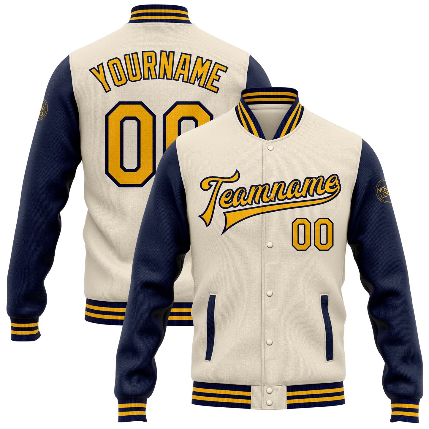 Custom Cream Gold-Navy Bomber Full-Snap Varsity Letterman Two Tone Jacket - Main View