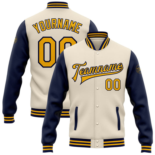 Custom Cream Gold-Navy Bomber Full-Snap Varsity Letterman Two Tone Jacket - Main View