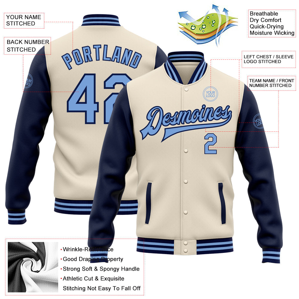Custom Cream Light Blue-Navy Bomber Full-Snap Varsity Letterman Two Tone Jacket view 5