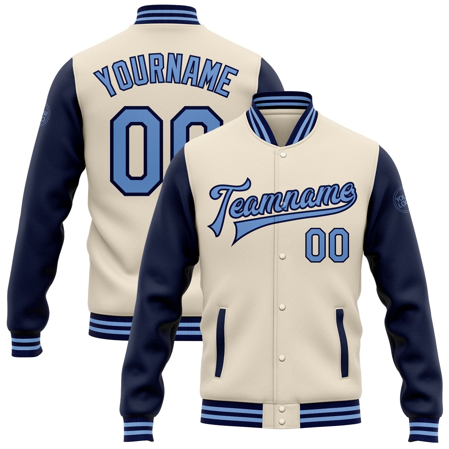 Custom Cream Light Blue-Navy Bomber Full-Snap Varsity Letterman Two Tone Jacket - Main View