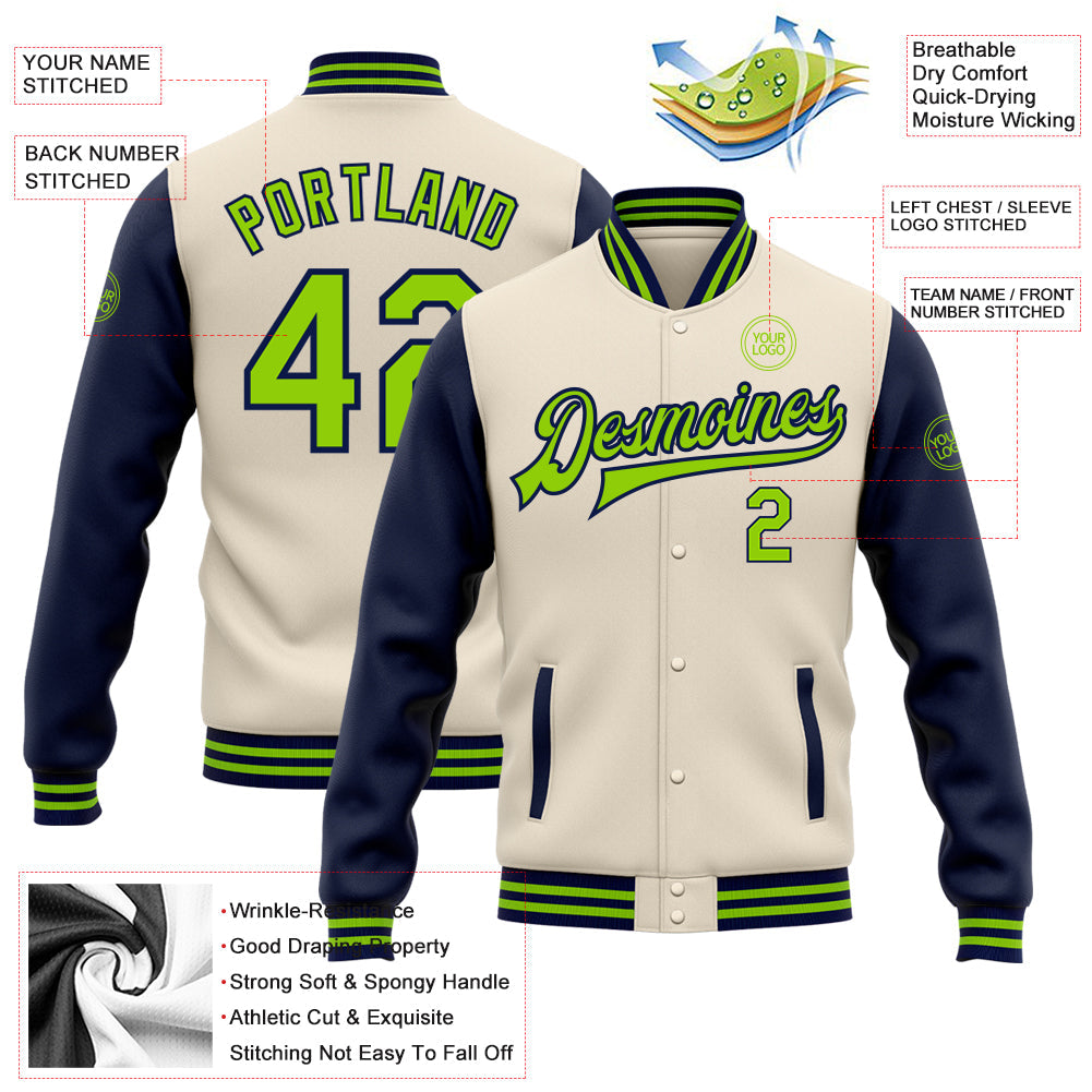 Custom Cream Neon Green-Navy Bomber Full-Snap Varsity Letterman Two Tone Jacket view 5