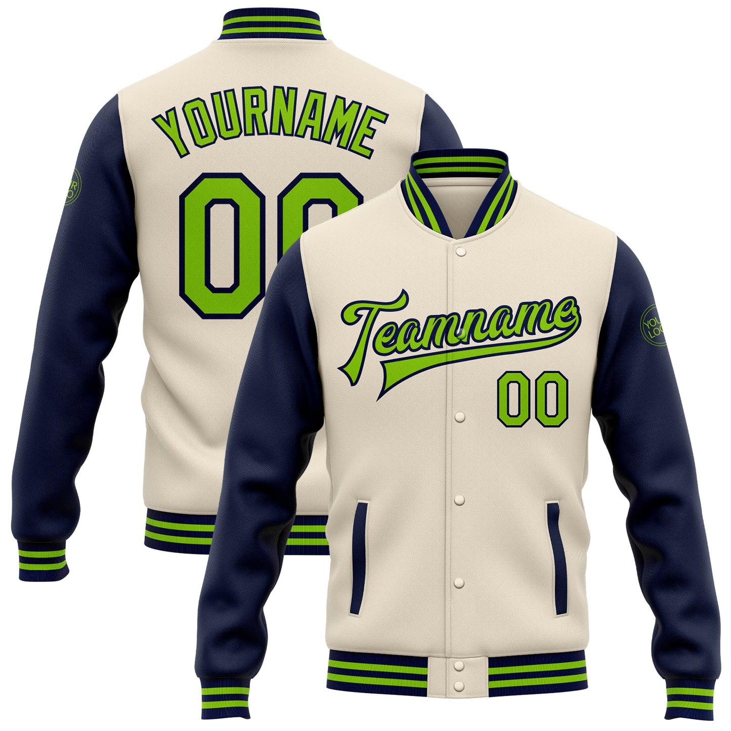 Custom Cream Neon Green-Navy Bomber Full-Snap Varsity Letterman Two Tone Jacket - Main View