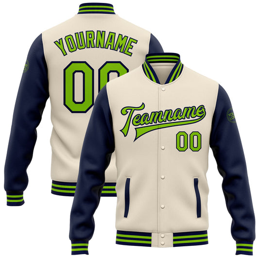 Custom Cream Neon Green-Navy Bomber Full-Snap Varsity Letterman Two Tone Jacket - Main View