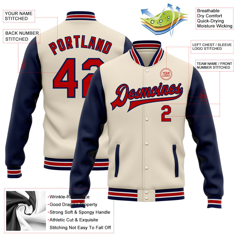 Custom Cream Red-Navy Bomber Full-Snap Varsity Letterman Two Tone Jacket view 5