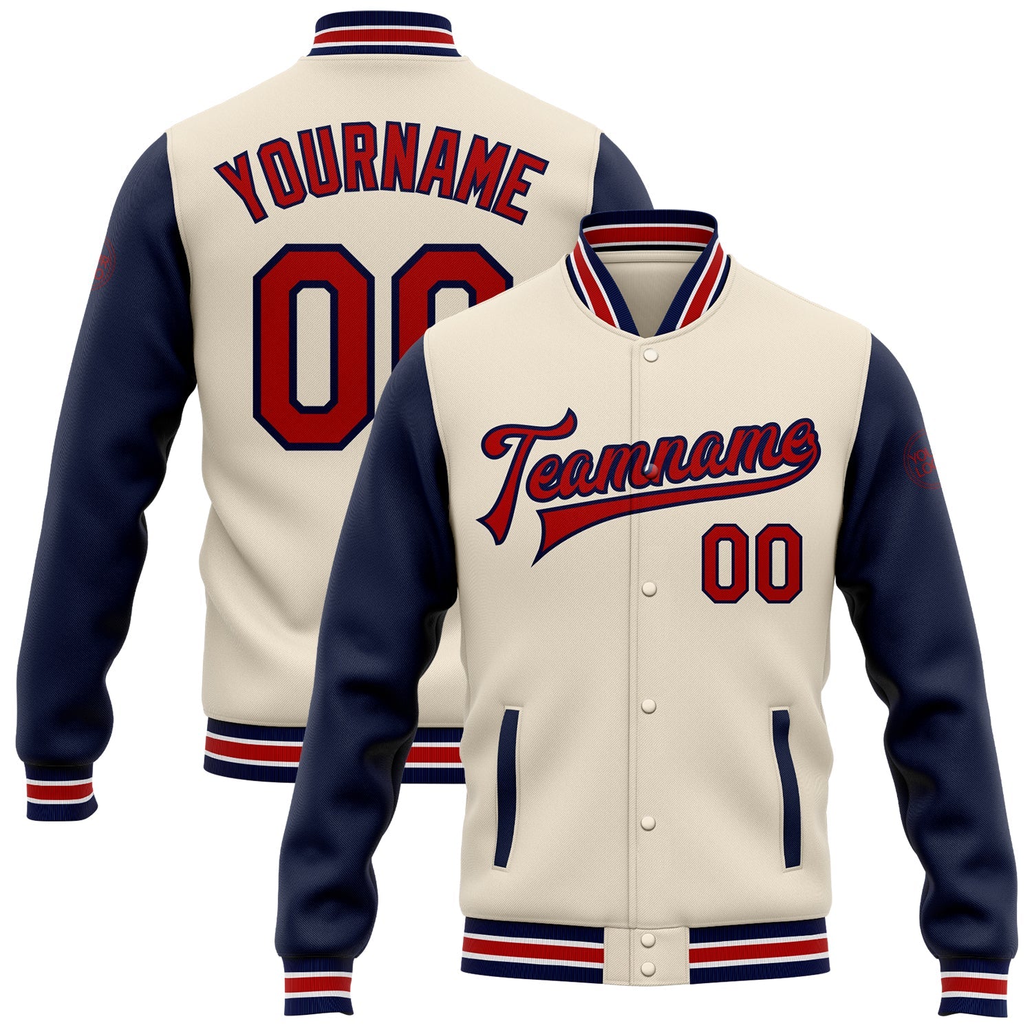 Custom Cream Red-Navy Bomber Full-Snap Varsity Letterman Two Tone Jacket - Main View