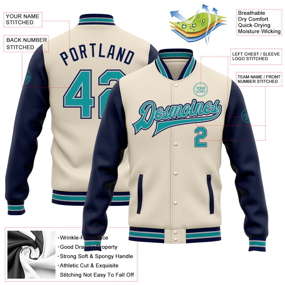 Custom Cream Teal Navy-Gray Bomber Full-Snap Varsity Letterman Two Tone Jacket view 5