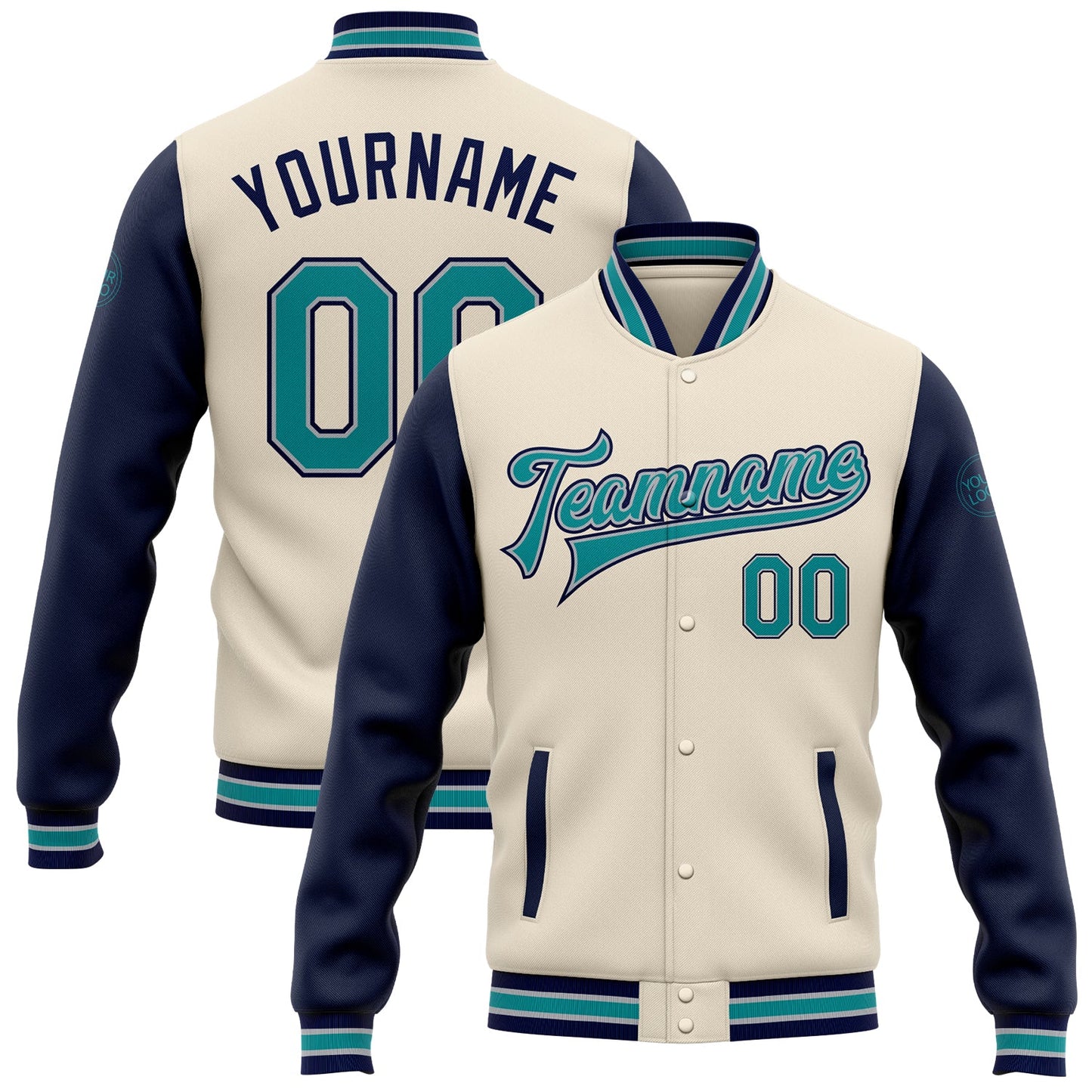 Custom Cream Teal Navy-Gray Bomber Full-Snap Varsity Letterman Two Tone Jacket - Main View