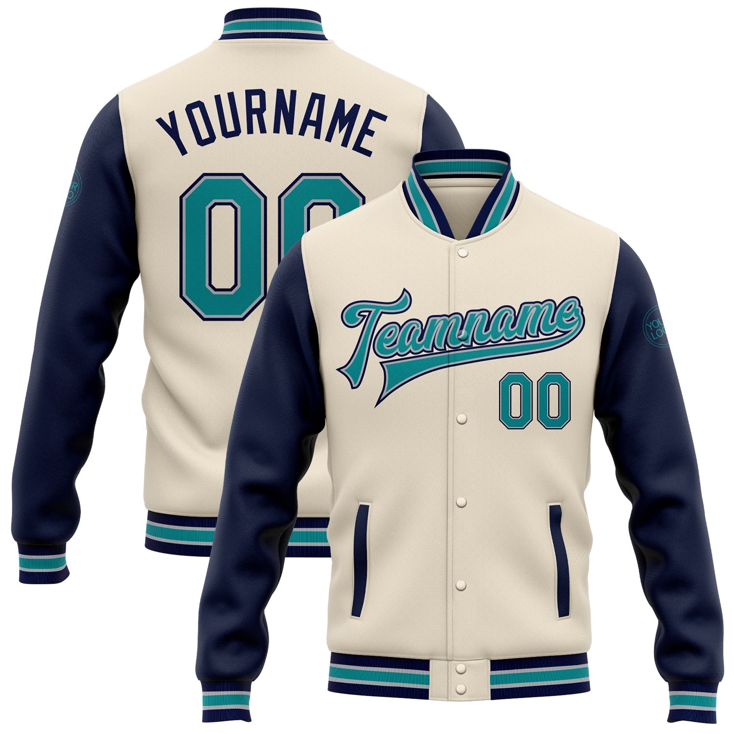 Custom Cream Teal Navy-Gray Bomber Full-Snap Varsity Letterman Two Tone Jacket - Main View