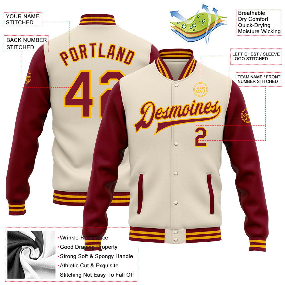 Custom Cream Crimson-Gold Bomber Full-Snap Varsity Letterman Two Tone Jacket view 5