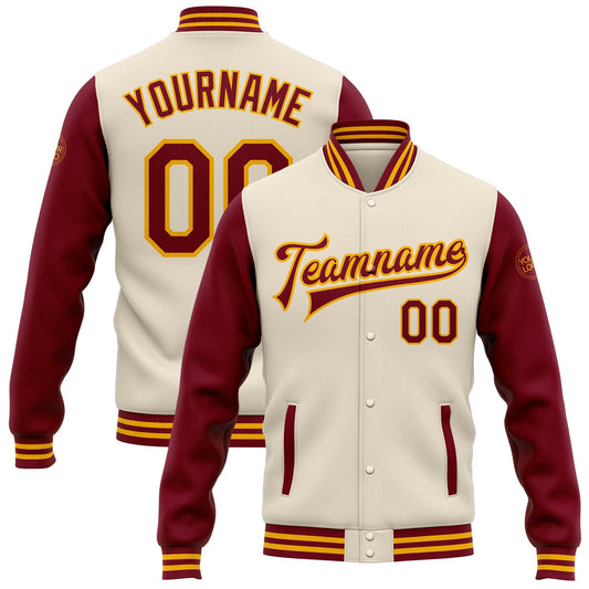Custom Cream Crimson-Gold Bomber Full-Snap Varsity Letterman Two Tone Jacket - Main View