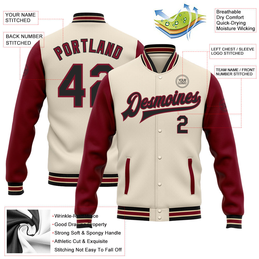 Custom Cream Black Crimson-City Cream Bomber Full-Snap Varsity Letterman Two Tone Jacket view 5