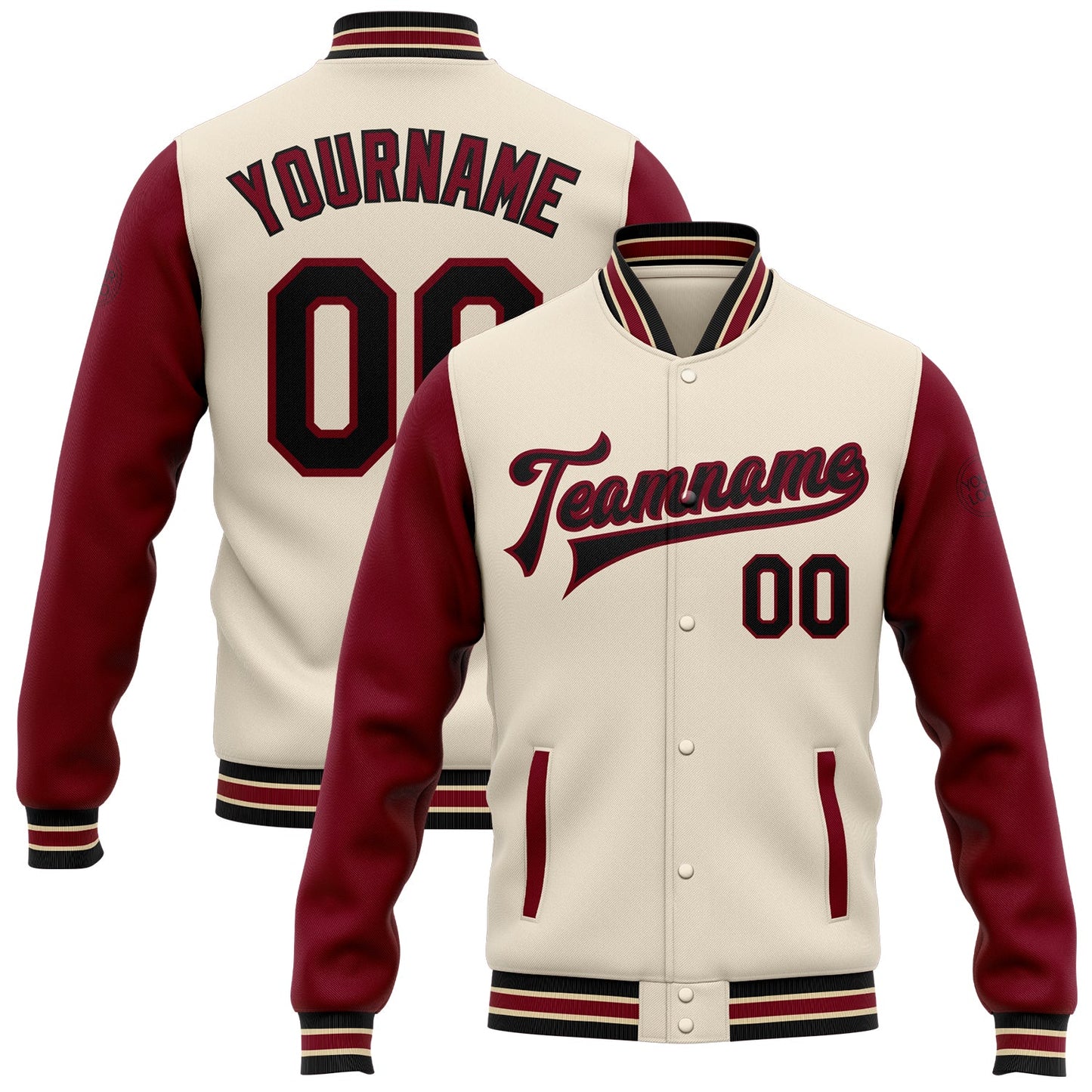 Custom Cream Black Crimson-City Cream Bomber Full-Snap Varsity Letterman Two Tone Jacket - Main View