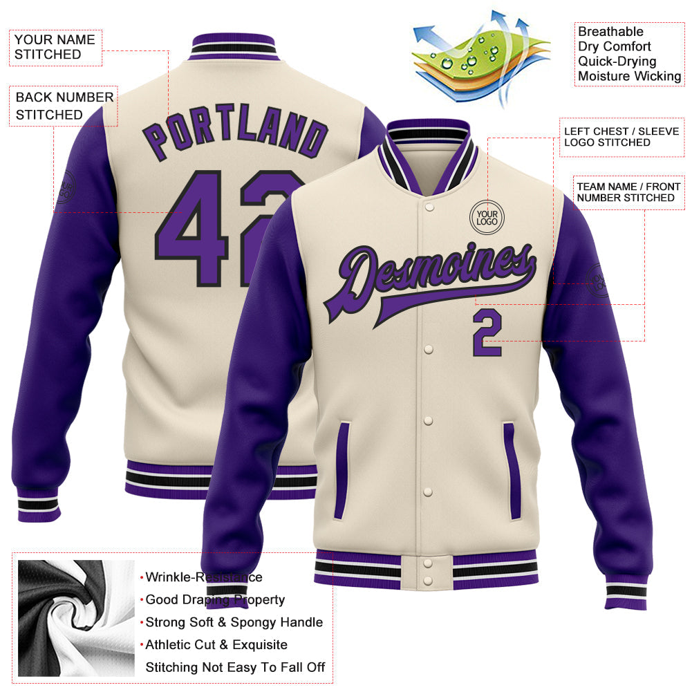Custom Cream Purple-Black Bomber Full-Snap Varsity Letterman Two Tone Jacket view 5