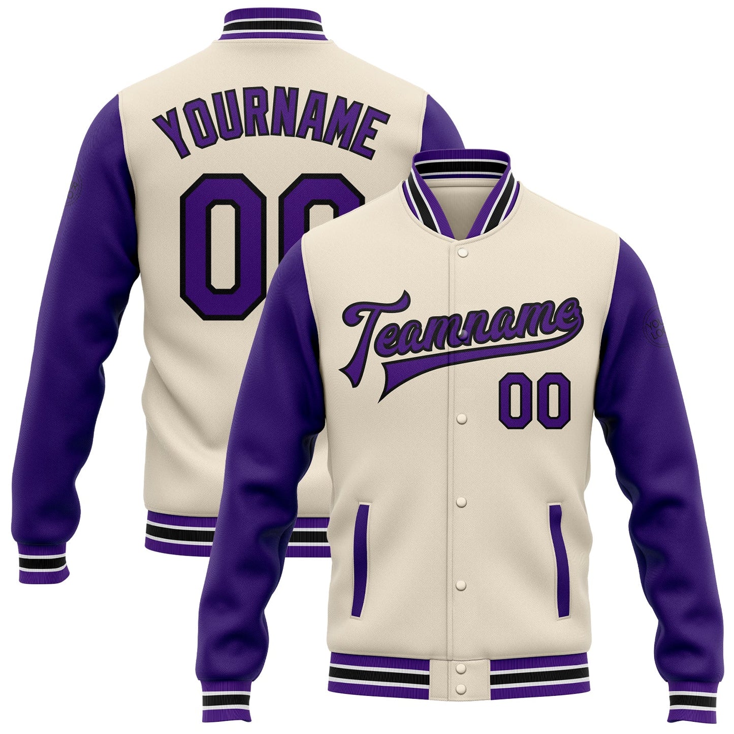 Custom Cream Purple-Black Bomber Full-Snap Varsity Letterman Two Tone Jacket - Main View