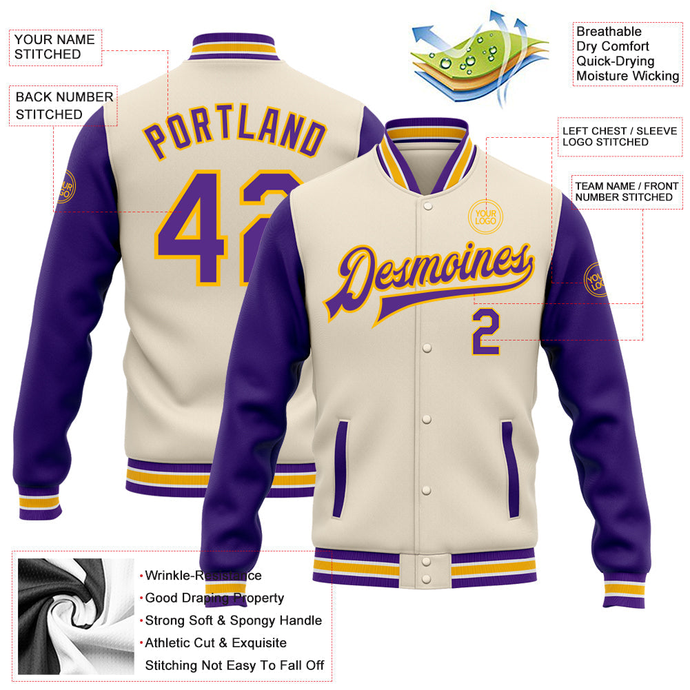 Custom Cream Purple-Gold Bomber Full-Snap Varsity Letterman Two Tone Jacket view 5