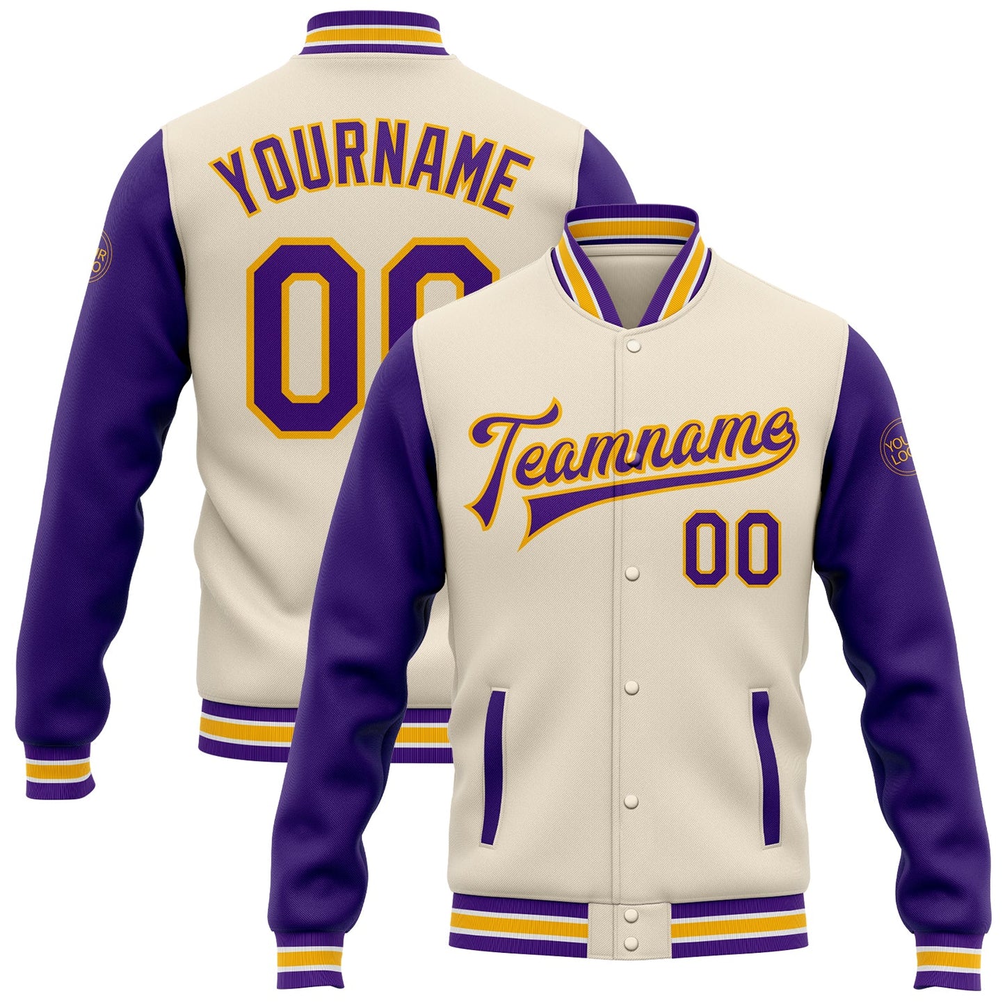 Custom Cream Purple-Gold Bomber Full-Snap Varsity Letterman Two Tone Jacket - Main View